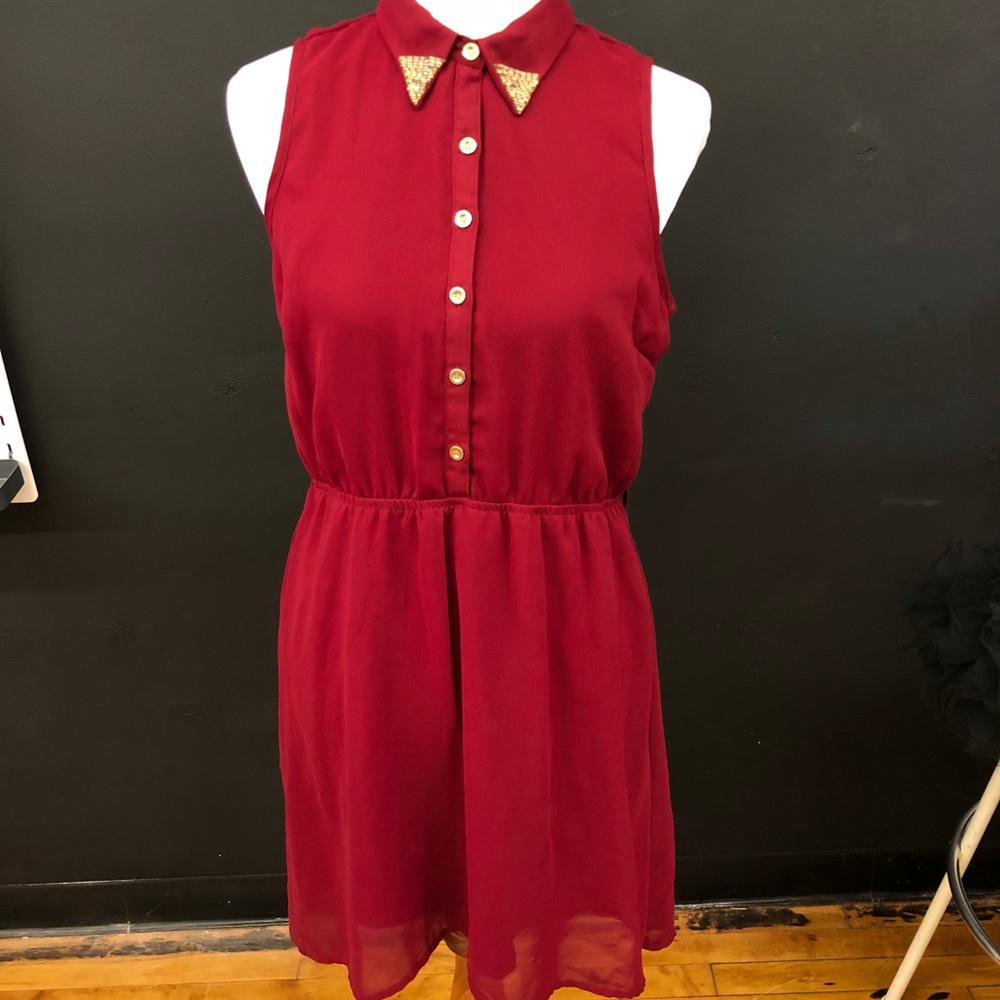 Dark Red Tunic High Low Shirt Dress Beading Detail